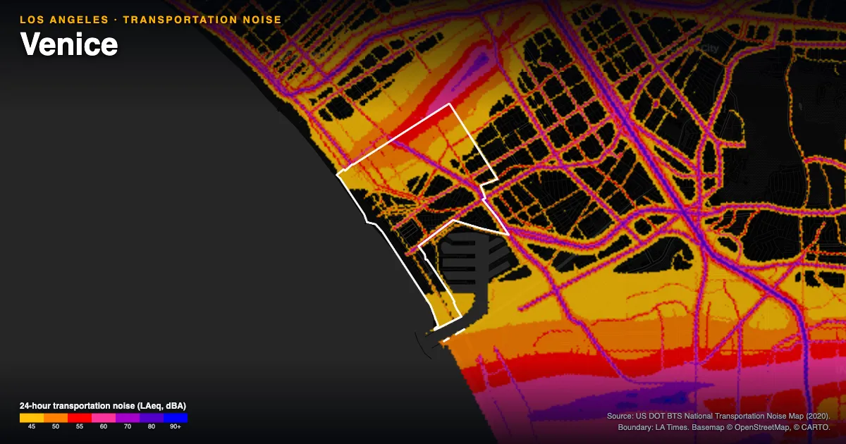 Transportation-noise map of Venice, Los Angeles: the neighborhood outlined in white over modeled road, rail and aircraft noise, colored from amber (about 45 dBA) through red and purple to blue (90 dBA and up).