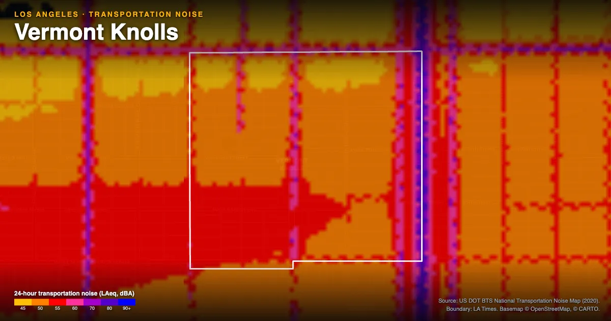 Transportation-noise map of Vermont Knolls, Los Angeles: the neighborhood outlined in white over modeled road, rail and aircraft noise, colored from amber (about 45 dBA) through red and purple to blue (90 dBA and up).