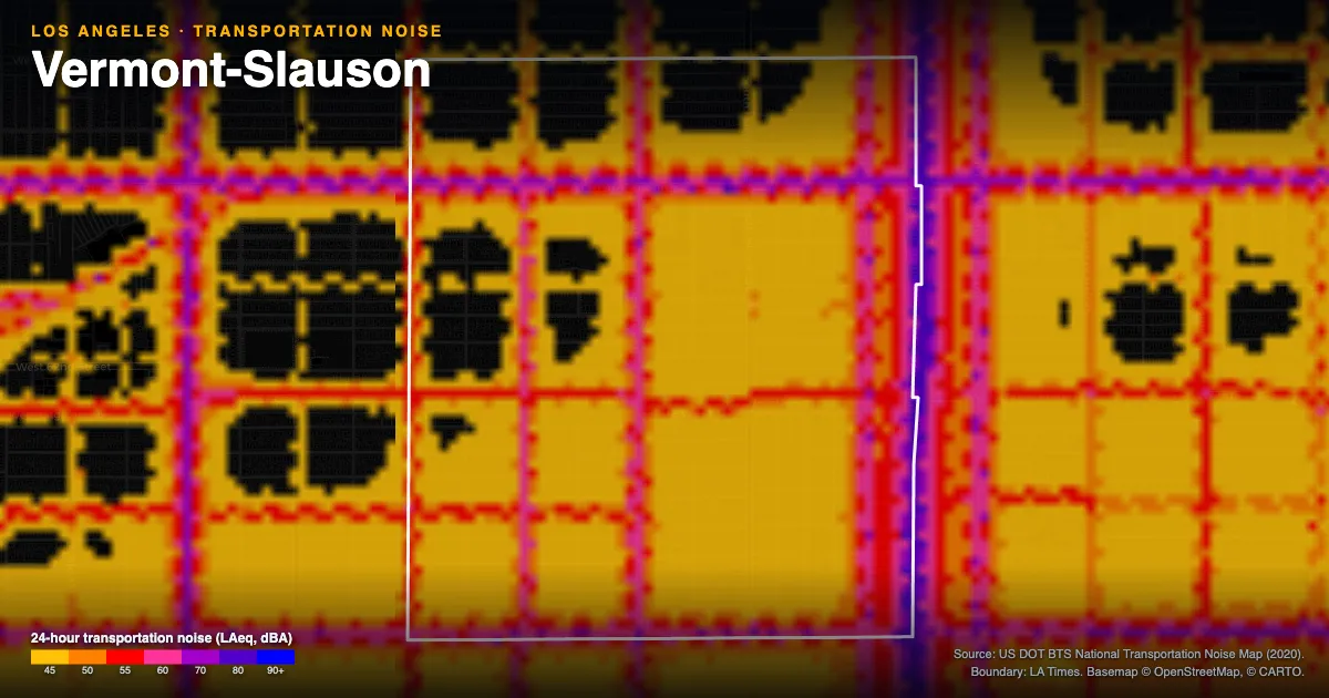 Transportation-noise map of Vermont-Slauson, Los Angeles: the neighborhood outlined in white over modeled road, rail and aircraft noise, colored from amber (about 45 dBA) through red and purple to blue (90 dBA and up).