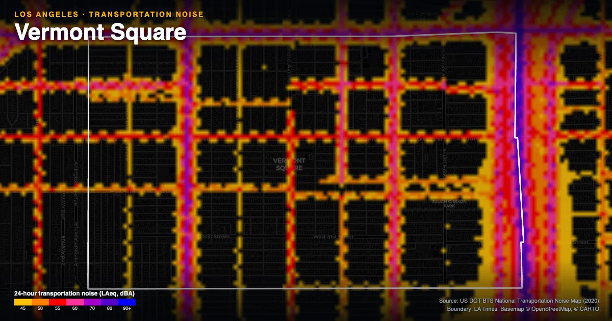 Transportation-noise map of Vermont Square, Los Angeles: the neighborhood outlined in white over modeled road, rail and aircraft noise, colored from amber (about 45 dBA) through red and purple to blue (90 dBA and up).