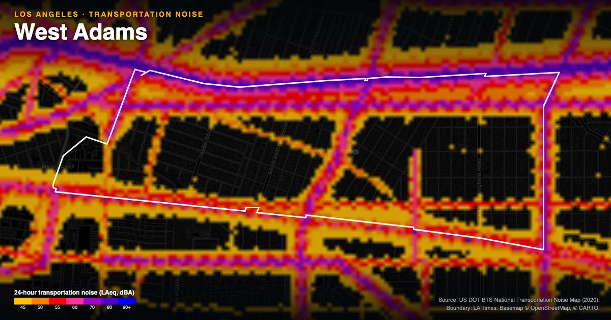 Transportation-noise map of West Adams, Los Angeles: the neighborhood outlined in white over modeled road, rail and aircraft noise, colored from amber (about 45 dBA) through red and purple to blue (90 dBA and up).
