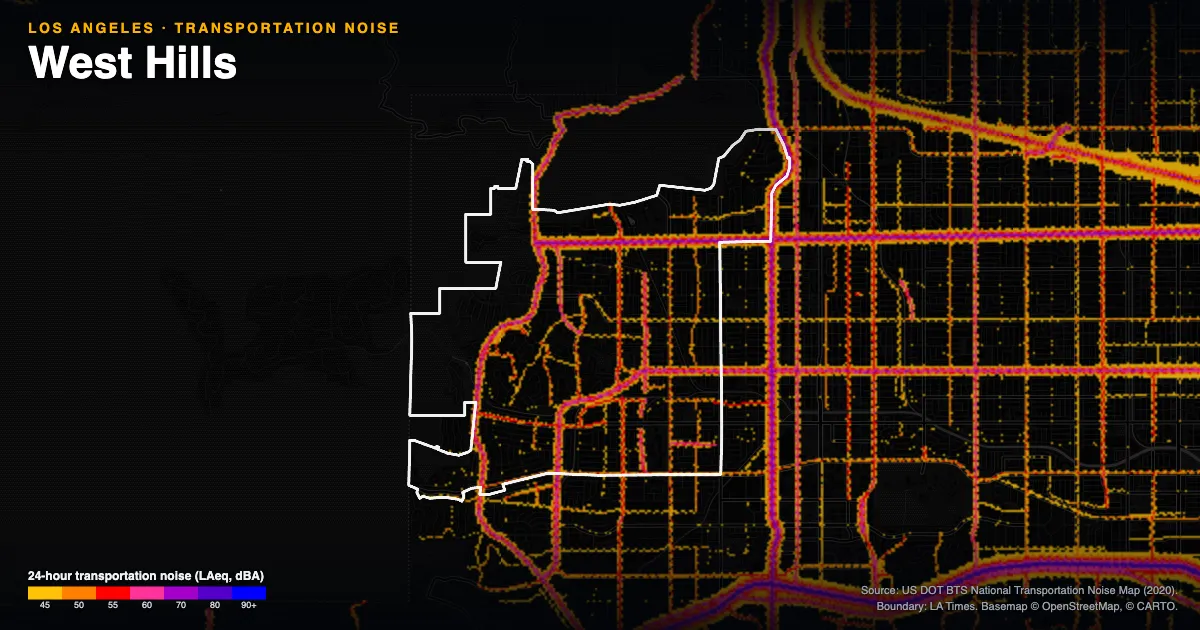Transportation-noise map of West Hills, Los Angeles: the neighborhood outlined in white over modeled road, rail and aircraft noise, colored from amber (about 45 dBA) through red and purple to blue (90 dBA and up).