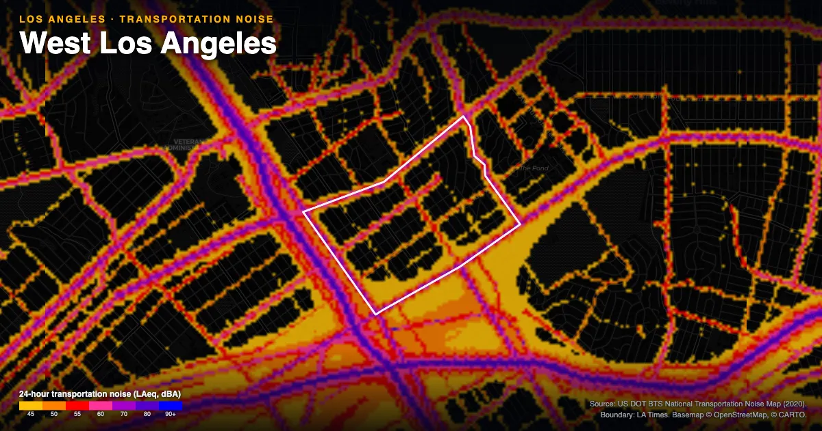 Transportation-noise map of West Los Angeles, Los Angeles: the neighborhood outlined in white over modeled road, rail and aircraft noise, colored from amber (about 45 dBA) through red and purple to blue (90 dBA and up).