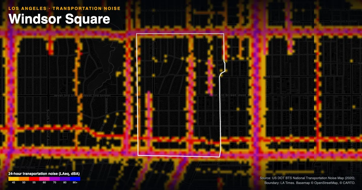 Transportation-noise map of Windsor Square, Los Angeles: the neighborhood outlined in white over modeled road, rail and aircraft noise, colored from amber (about 45 dBA) through red and purple to blue (90 dBA and up).