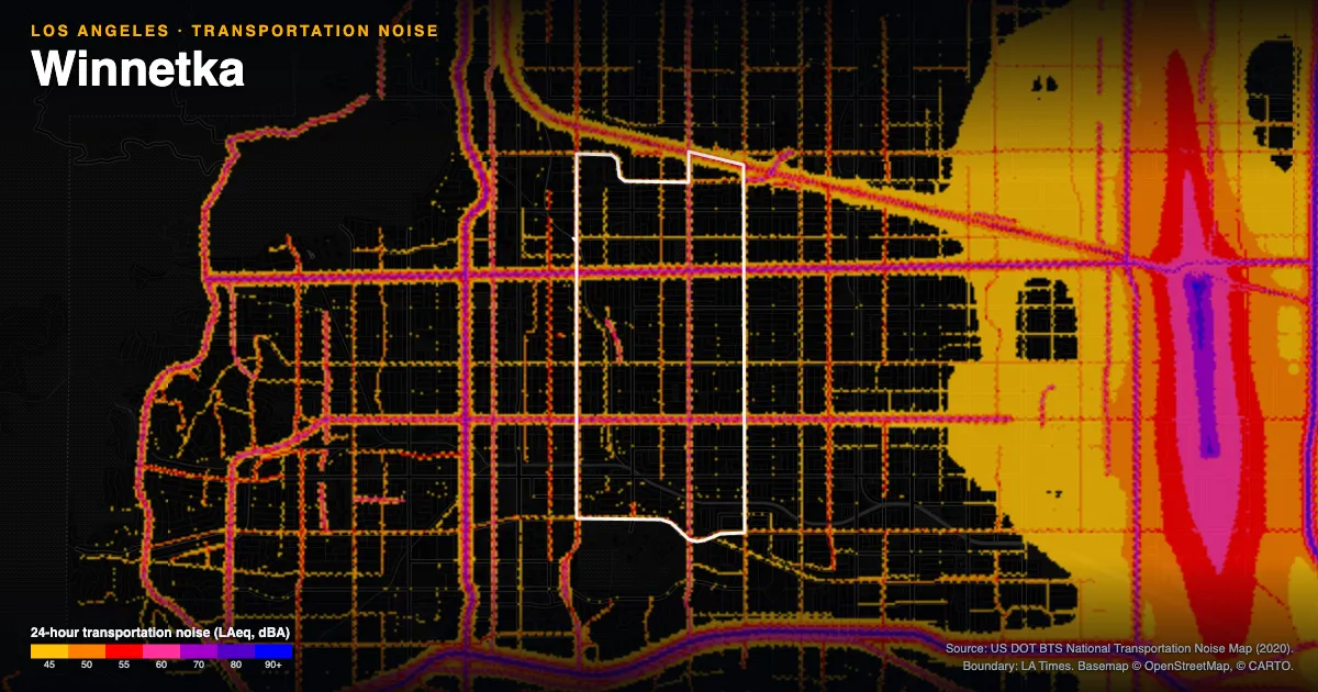 Transportation-noise map of Winnetka, Los Angeles: the neighborhood outlined in white over modeled road, rail and aircraft noise, colored from amber (about 45 dBA) through red and purple to blue (90 dBA and up).