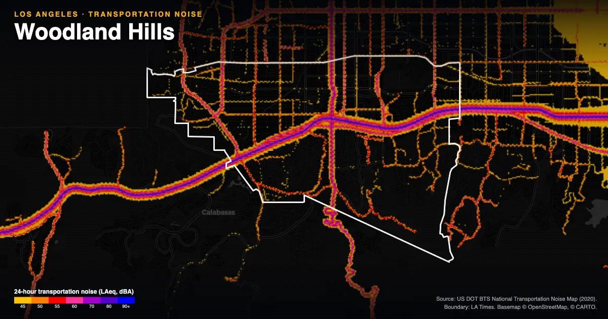 Transportation-noise map of Woodland Hills, Los Angeles: the neighborhood outlined in white over modeled road, rail and aircraft noise, colored from amber (about 45 dBA) through red and purple to blue (90 dBA and up).