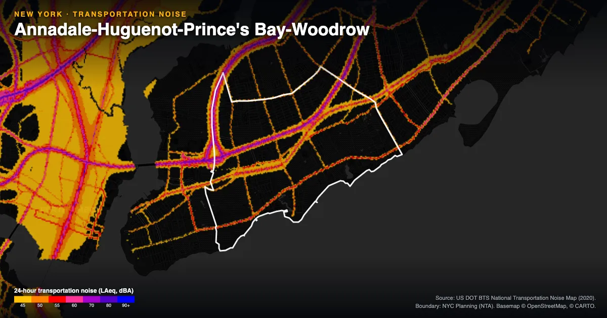 Transportation-noise map of Annadale-Huguenot-Prince's Bay-Woodrow, New York: the neighborhood outlined in white over modeled road, rail and aircraft noise, colored from amber (about 45 dBA) through red and purple to blue (90 dBA and up).