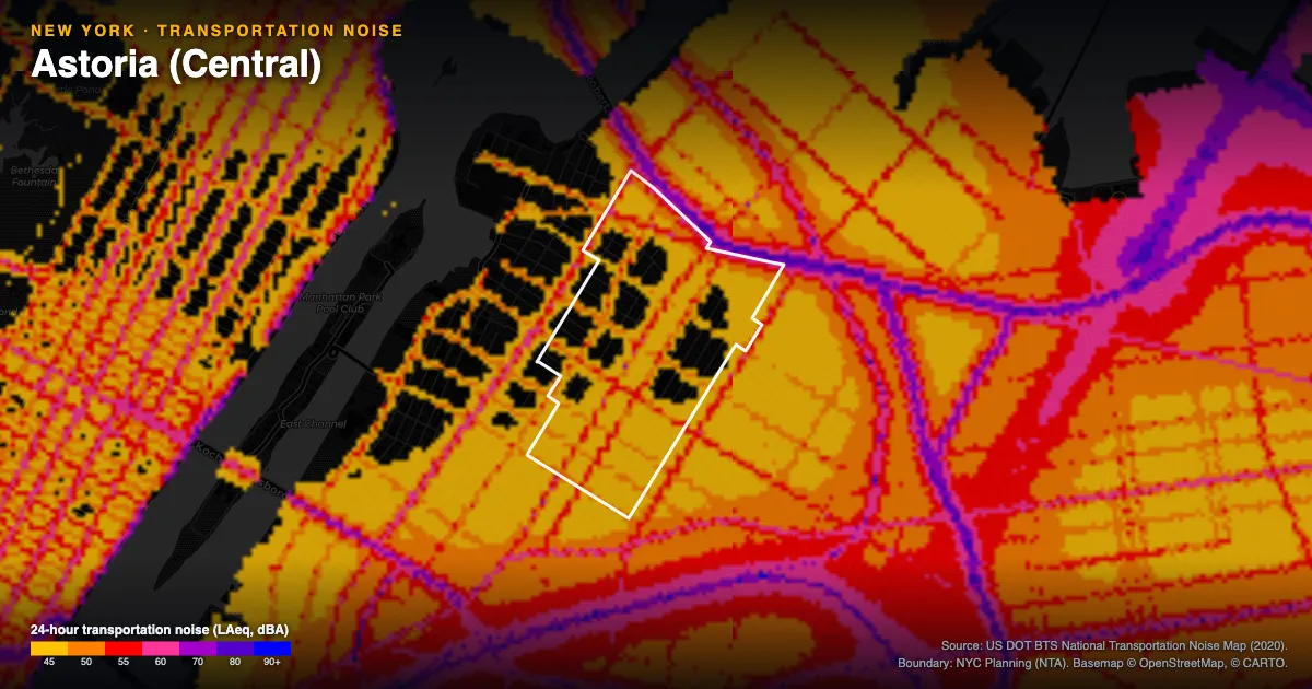 Transportation-noise map of Astoria (Central), New York: the neighborhood outlined in white over modeled road, rail and aircraft noise, colored from amber (about 45 dBA) through red and purple to blue (90 dBA and up).