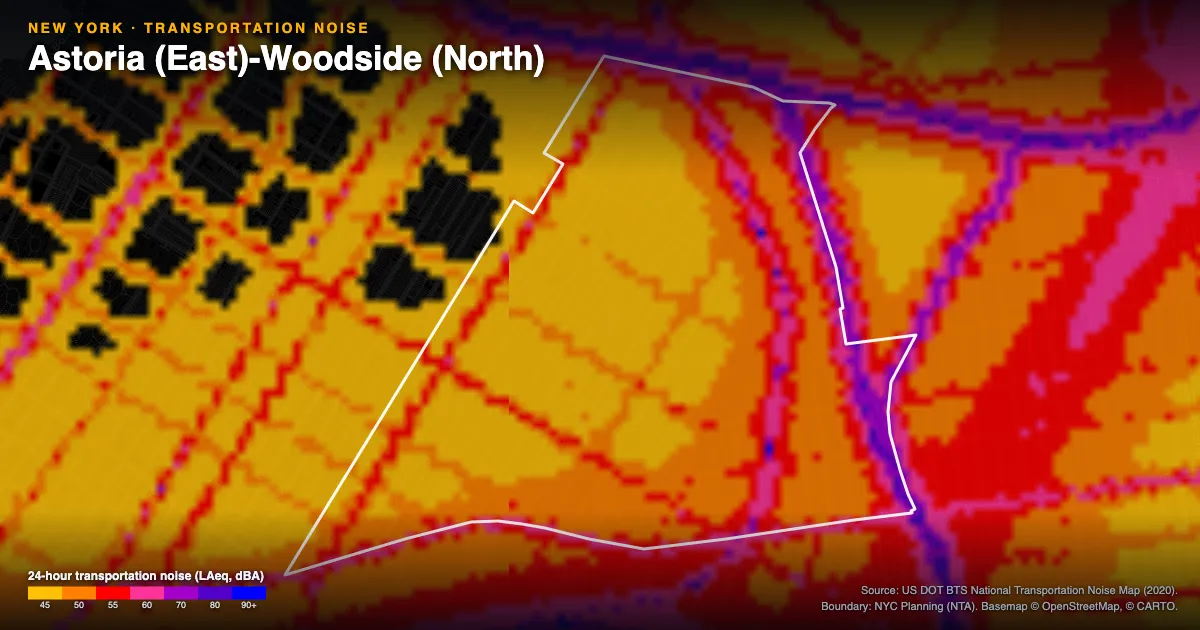 Transportation-noise map of Astoria (East)-Woodside (North), New York: the neighborhood outlined in white over modeled road, rail and aircraft noise, colored from amber (about 45 dBA) through red and purple to blue (90 dBA and up).