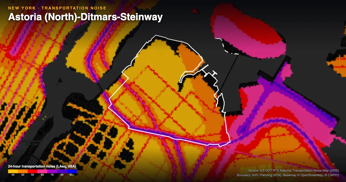 Transportation-noise map of Astoria (North)-Ditmars-Steinway, New York: the neighborhood outlined in white over modeled road, rail and aircraft noise, colored from amber (about 45 dBA) through red and purple to blue (90 dBA and up).