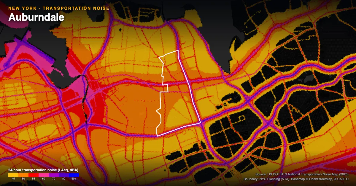 Transportation-noise map of Auburndale, New York: the neighborhood outlined in white over modeled road, rail and aircraft noise, colored from amber (about 45 dBA) through red and purple to blue (90 dBA and up).