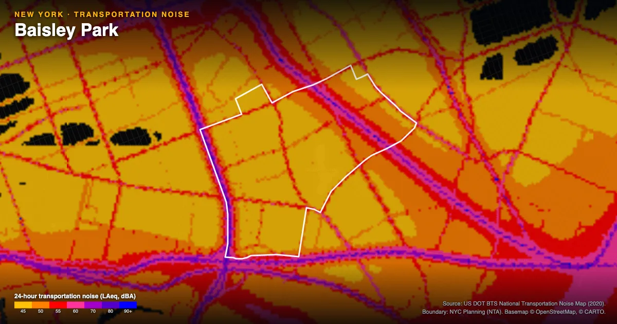 Transportation-noise map of Baisley Park, New York: the neighborhood outlined in white over modeled road, rail and aircraft noise, colored from amber (about 45 dBA) through red and purple to blue (90 dBA and up).
