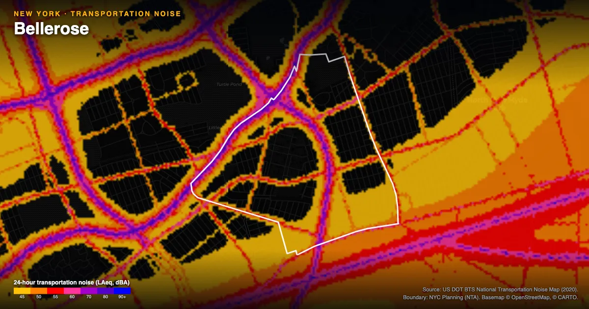 Transportation-noise map of Bellerose, New York: the neighborhood outlined in white over modeled road, rail and aircraft noise, colored from amber (about 45 dBA) through red and purple to blue (90 dBA and up).