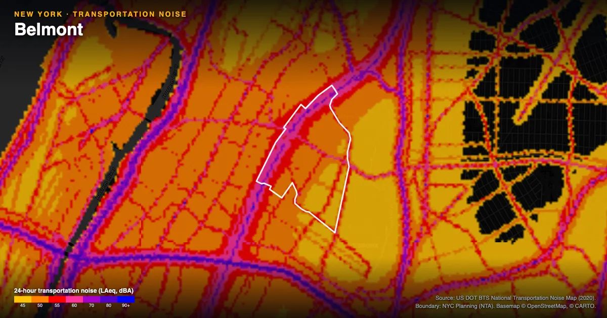 Transportation-noise map of Belmont, New York: the neighborhood outlined in white over modeled road, rail and aircraft noise, colored from amber (about 45 dBA) through red and purple to blue (90 dBA and up).