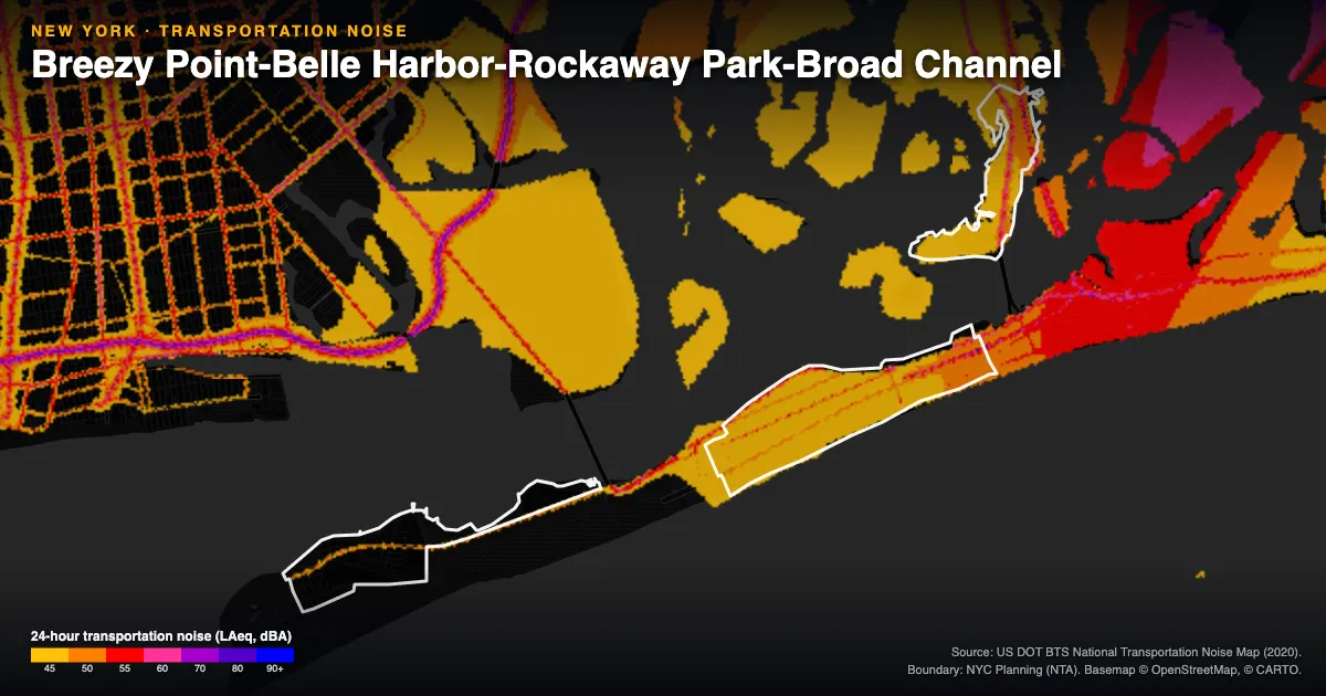 Transportation-noise map of Breezy Point-Belle Harbor-Rockaway Park-Broad Channel, New York: the neighborhood outlined in white over modeled road, rail and aircraft noise, colored from amber (about 45 dBA) through red and purple to blue (90 dBA and up).