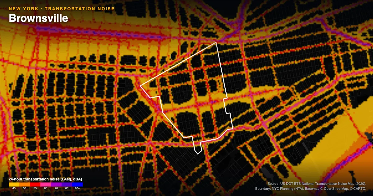 Transportation-noise map of Brownsville, New York: the neighborhood outlined in white over modeled road, rail and aircraft noise, colored from amber (about 45 dBA) through red and purple to blue (90 dBA and up).