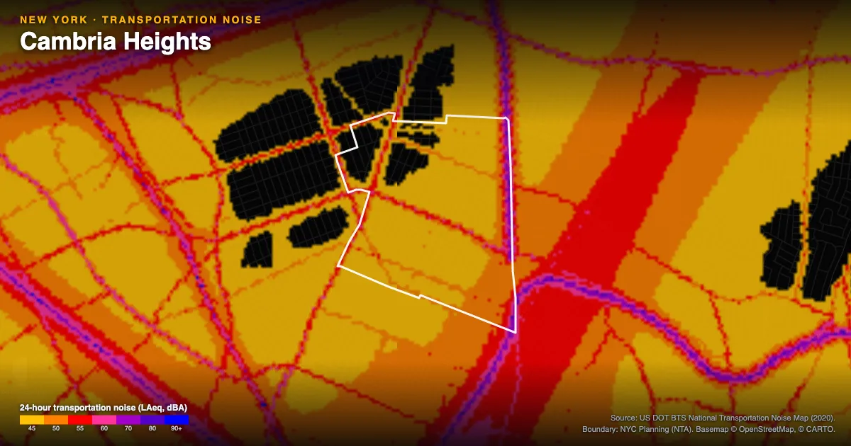 Transportation-noise map of Cambria Heights, New York: the neighborhood outlined in white over modeled road, rail and aircraft noise, colored from amber (about 45 dBA) through red and purple to blue (90 dBA and up).