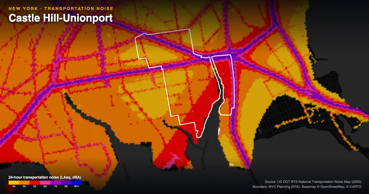 Transportation-noise map of Castle Hill-Unionport, New York: the neighborhood outlined in white over modeled road, rail and aircraft noise, colored from amber (about 45 dBA) through red and purple to blue (90 dBA and up).