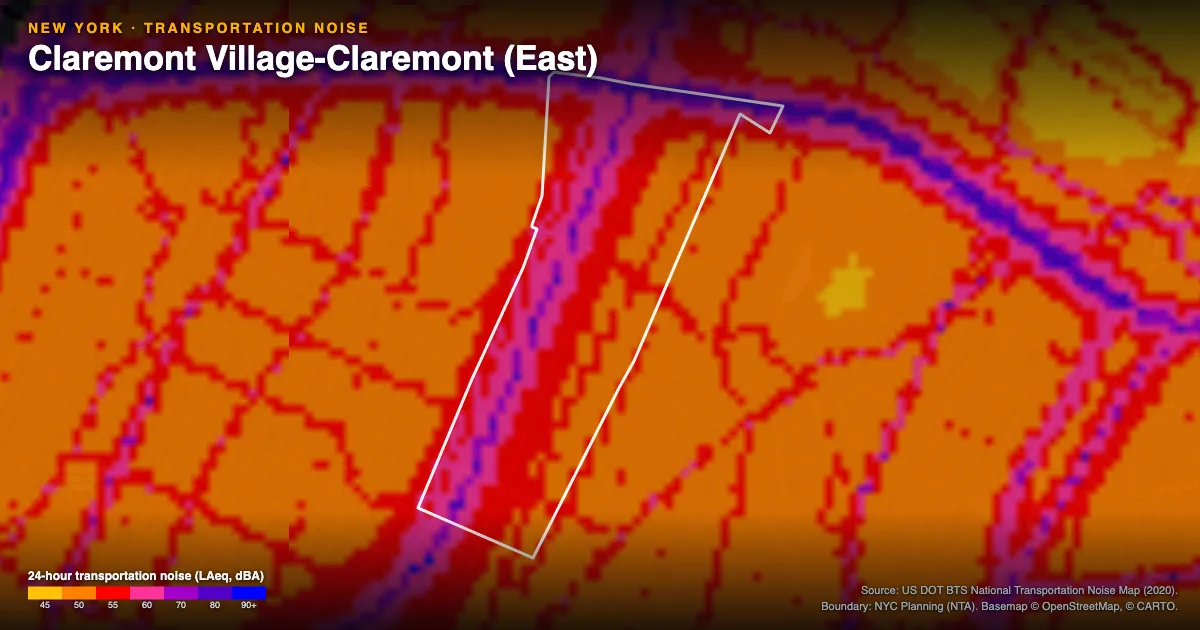 Transportation-noise map of Claremont Village-Claremont (East), New York: the neighborhood outlined in white over modeled road, rail and aircraft noise, colored from amber (about 45 dBA) through red and purple to blue (90 dBA and up).