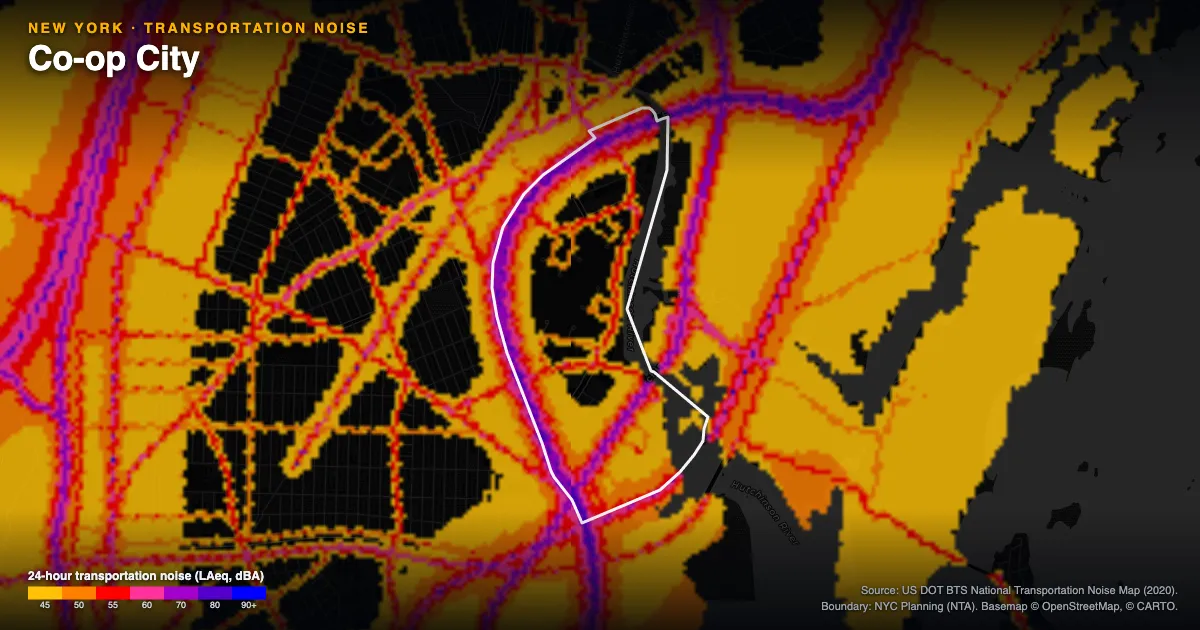 Transportation-noise map of Co-op City, New York: the neighborhood outlined in white over modeled road, rail and aircraft noise, colored from amber (about 45 dBA) through red and purple to blue (90 dBA and up).