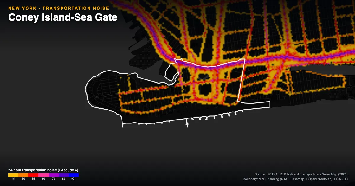 Transportation-noise map of Coney Island-Sea Gate, New York: the neighborhood outlined in white over modeled road, rail and aircraft noise, colored from amber (about 45 dBA) through red and purple to blue (90 dBA and up).