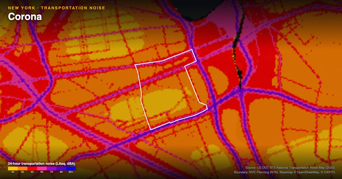 Transportation-noise map of Corona, New York: the neighborhood outlined in white over modeled road, rail and aircraft noise, colored from amber (about 45 dBA) through red and purple to blue (90 dBA and up).