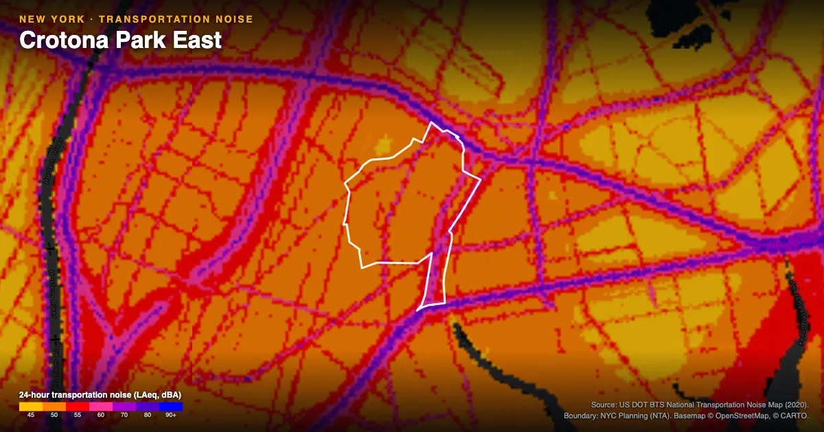 Transportation-noise map of Crotona Park East, New York: the neighborhood outlined in white over modeled road, rail and aircraft noise, colored from amber (about 45 dBA) through red and purple to blue (90 dBA and up).