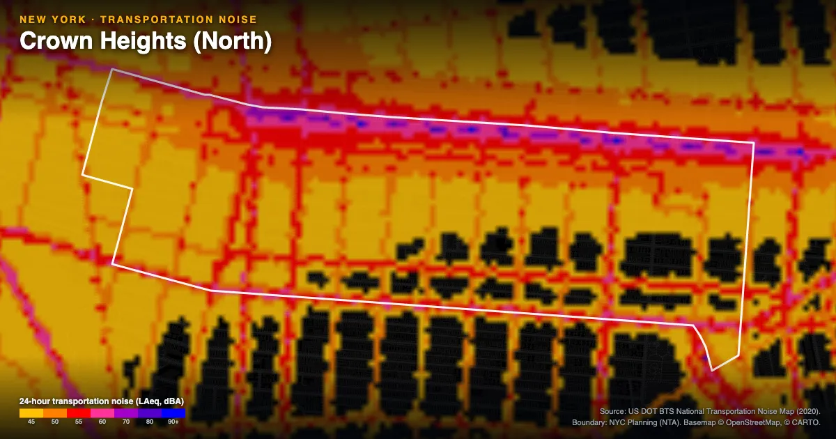 Transportation-noise map of Crown Heights (North), New York: the neighborhood outlined in white over modeled road, rail and aircraft noise, colored from amber (about 45 dBA) through red and purple to blue (90 dBA and up).