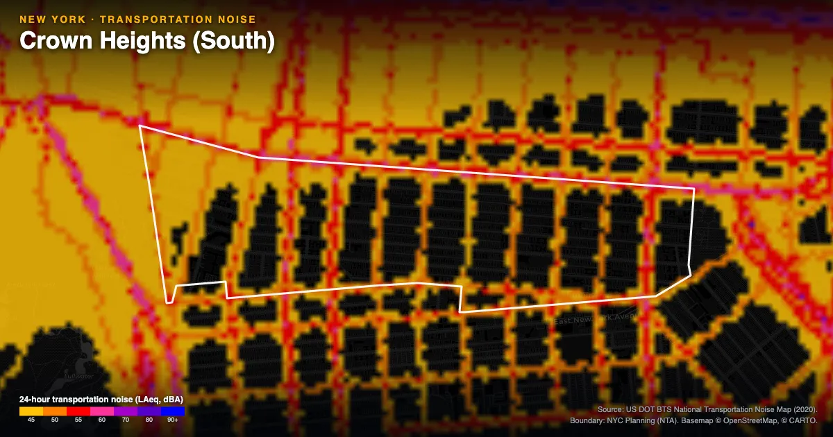 Transportation-noise map of Crown Heights (South), New York: the neighborhood outlined in white over modeled road, rail and aircraft noise, colored from amber (about 45 dBA) through red and purple to blue (90 dBA and up).