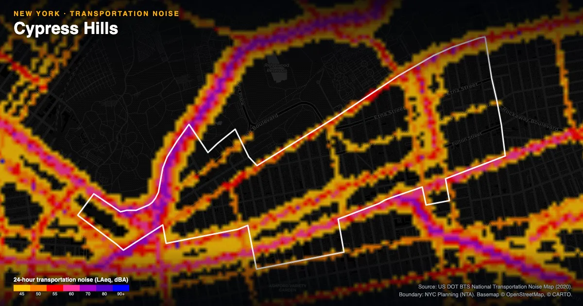 Transportation-noise map of Cypress Hills, New York: the neighborhood outlined in white over modeled road, rail and aircraft noise, colored from amber (about 45 dBA) through red and purple to blue (90 dBA and up).