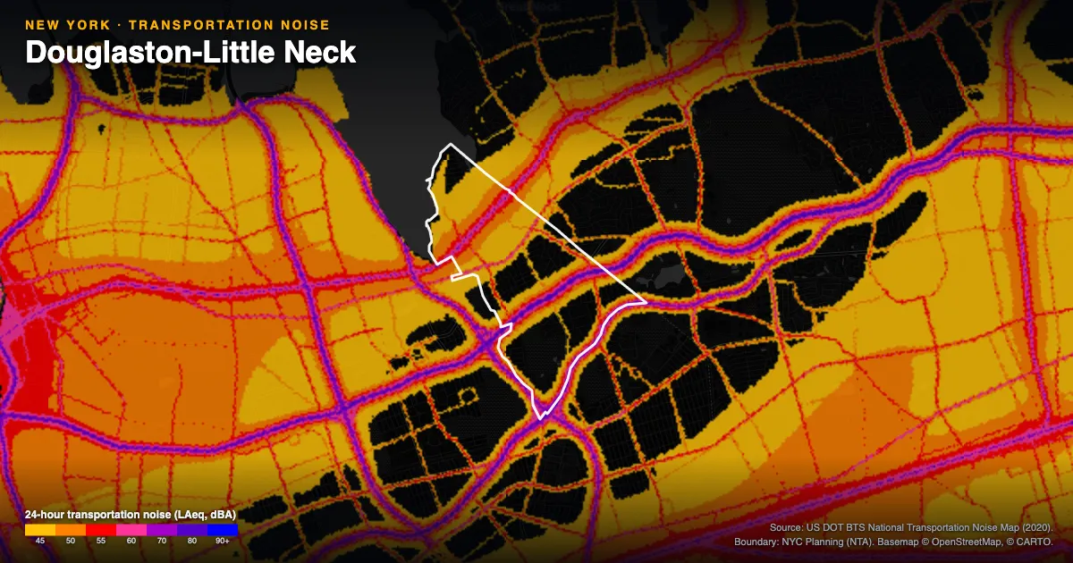 Transportation-noise map of Douglaston-Little Neck, New York: the neighborhood outlined in white over modeled road, rail and aircraft noise, colored from amber (about 45 dBA) through red and purple to blue (90 dBA and up).
