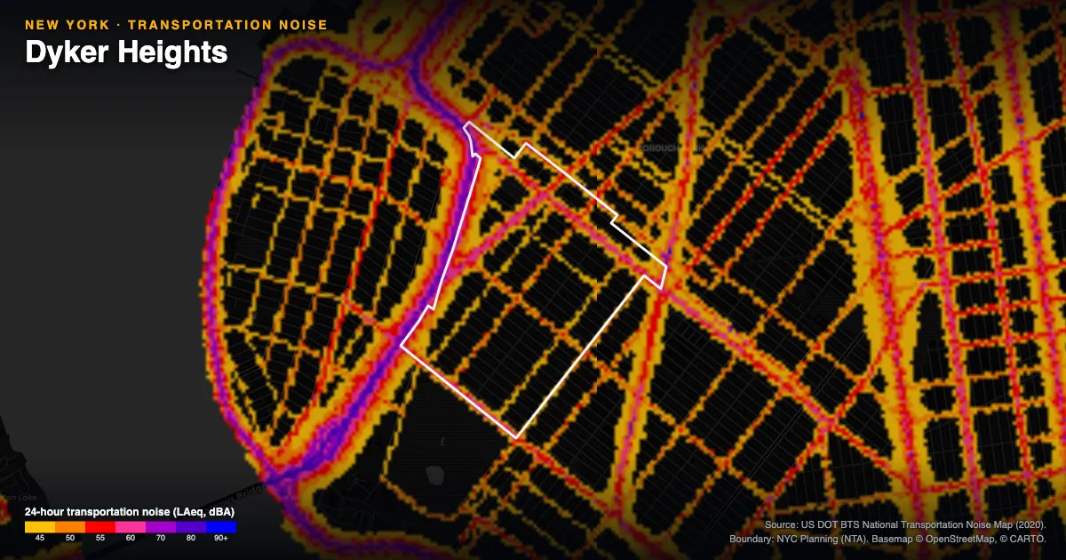Transportation-noise map of Dyker Heights, New York: the neighborhood outlined in white over modeled road, rail and aircraft noise, colored from amber (about 45 dBA) through red and purple to blue (90 dBA and up).