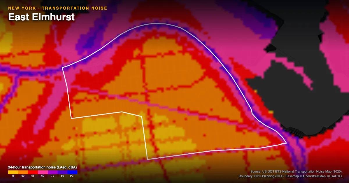 Transportation-noise map of East Elmhurst, New York: the neighborhood outlined in white over modeled road, rail and aircraft noise, colored from amber (about 45 dBA) through red and purple to blue (90 dBA and up).