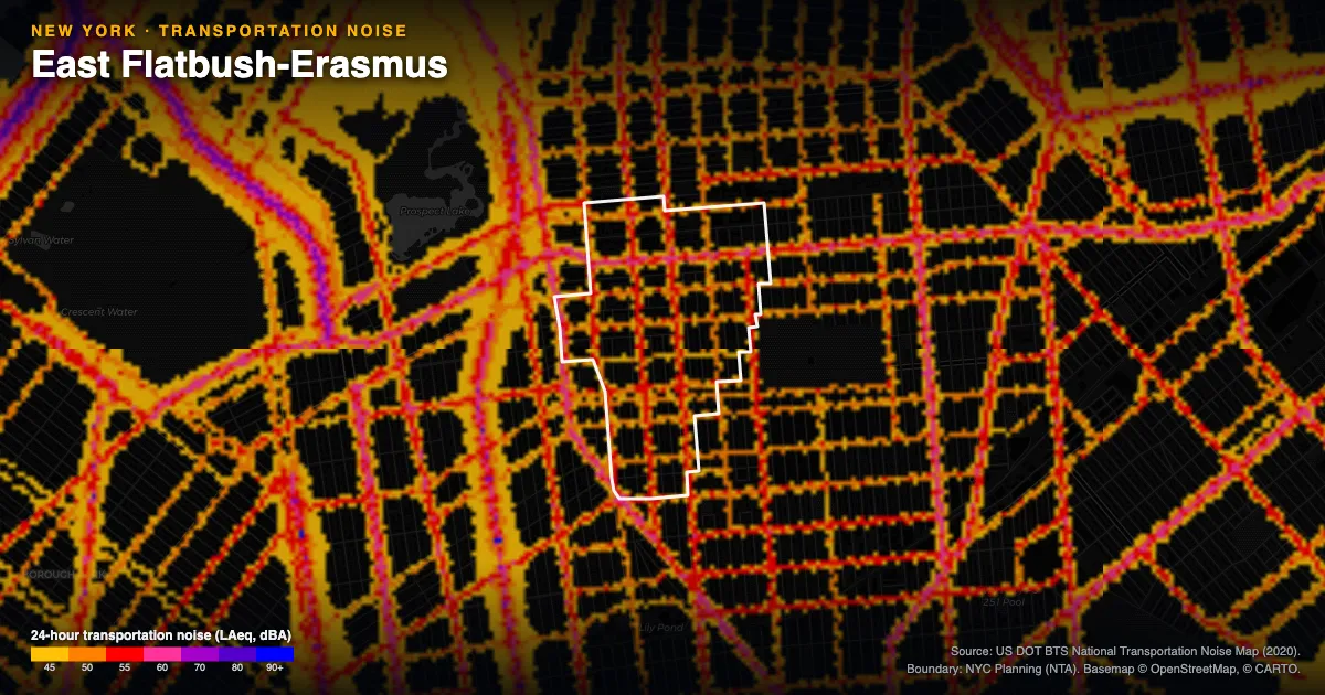 Transportation-noise map of East Flatbush-Erasmus, New York: the neighborhood outlined in white over modeled road, rail and aircraft noise, colored from amber (about 45 dBA) through red and purple to blue (90 dBA and up).