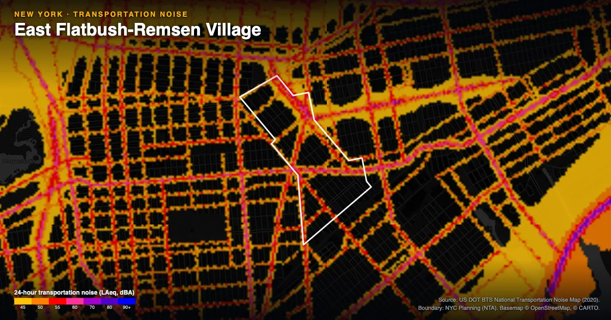 Transportation-noise map of East Flatbush-Remsen Village, New York: the neighborhood outlined in white over modeled road, rail and aircraft noise, colored from amber (about 45 dBA) through red and purple to blue (90 dBA and up).