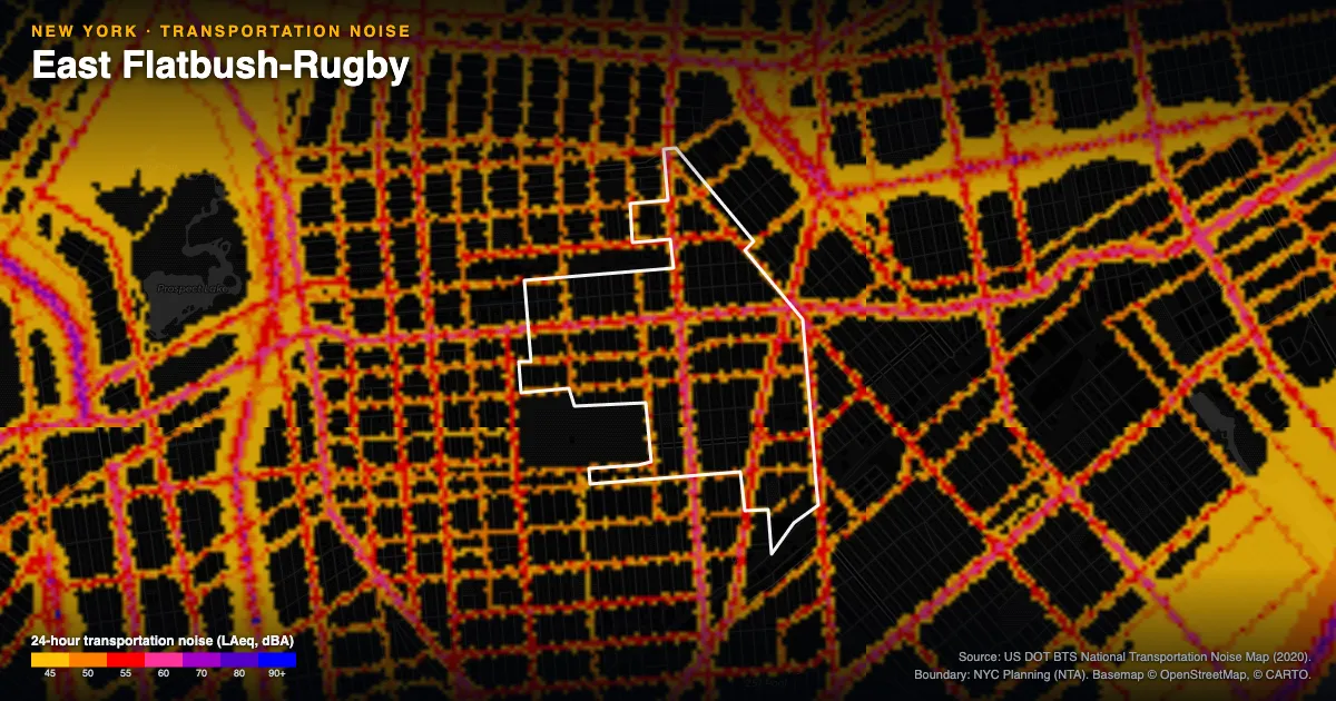 Transportation-noise map of East Flatbush-Rugby, New York: the neighborhood outlined in white over modeled road, rail and aircraft noise, colored from amber (about 45 dBA) through red and purple to blue (90 dBA and up).
