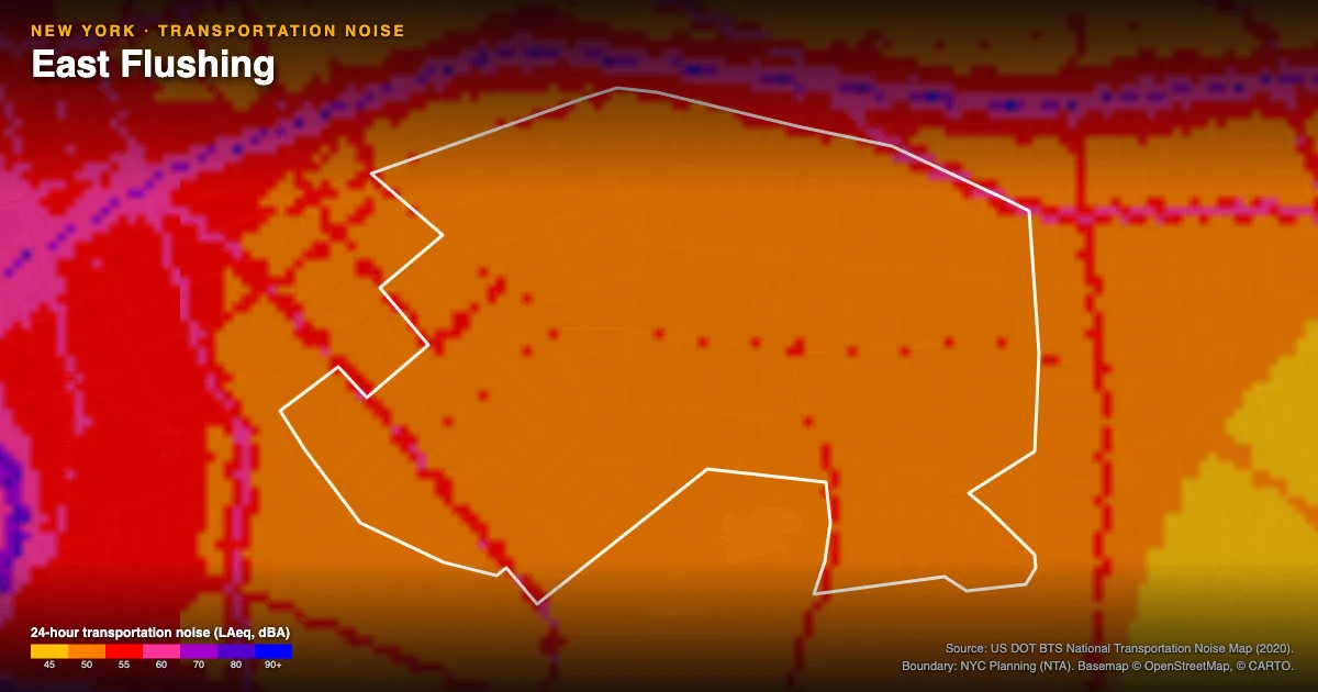 Transportation-noise map of East Flushing, New York: the neighborhood outlined in white over modeled road, rail and aircraft noise, colored from amber (about 45 dBA) through red and purple to blue (90 dBA and up).