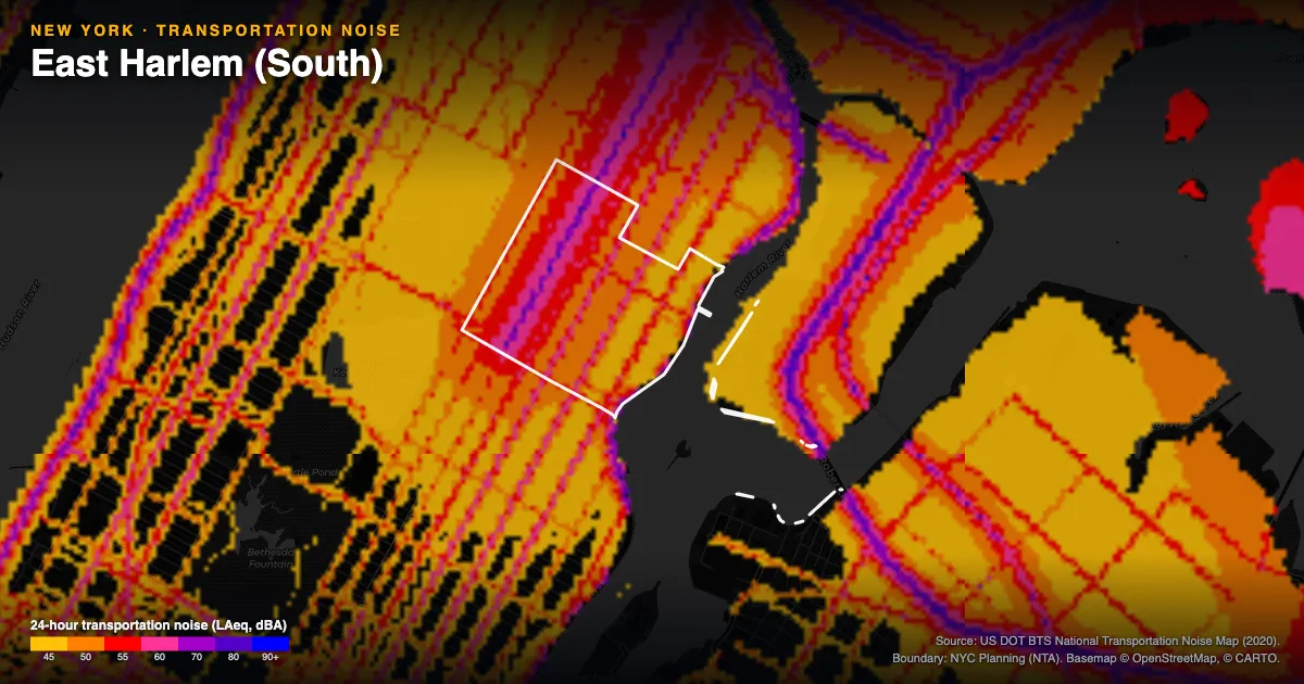 Transportation-noise map of East Harlem (South), New York: the neighborhood outlined in white over modeled road, rail and aircraft noise, colored from amber (about 45 dBA) through red and purple to blue (90 dBA and up).