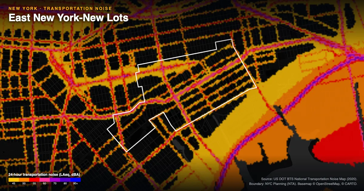 Transportation-noise map of East New York-New Lots, New York: the neighborhood outlined in white over modeled road, rail and aircraft noise, colored from amber (about 45 dBA) through red and purple to blue (90 dBA and up).