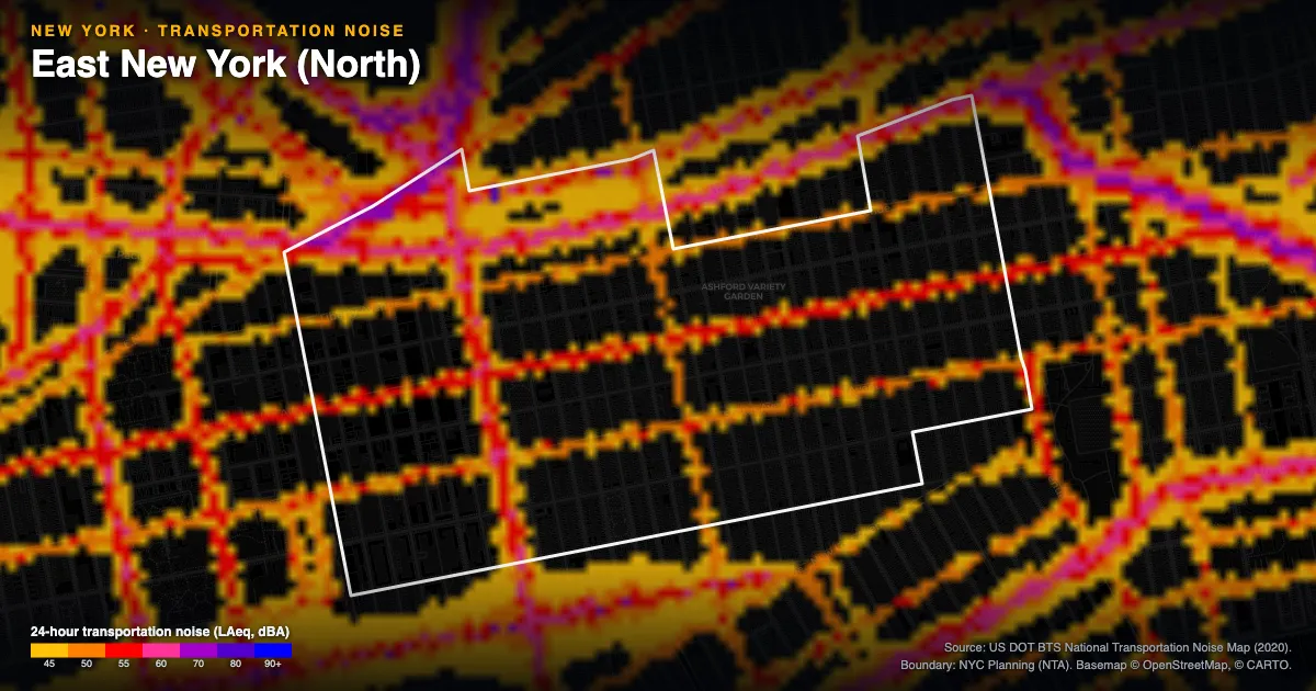 Transportation-noise map of East New York (North), New York: the neighborhood outlined in white over modeled road, rail and aircraft noise, colored from amber (about 45 dBA) through red and purple to blue (90 dBA and up).