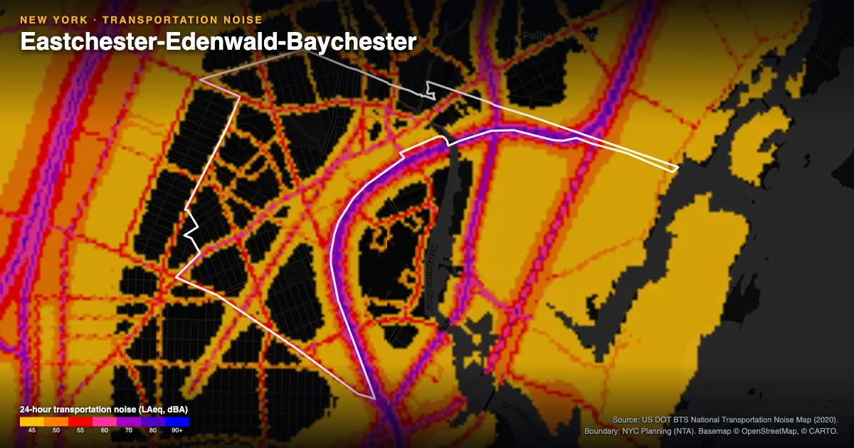 Transportation-noise map of Eastchester-Edenwald-Baychester, New York: the neighborhood outlined in white over modeled road, rail and aircraft noise, colored from amber (about 45 dBA) through red and purple to blue (90 dBA and up).
