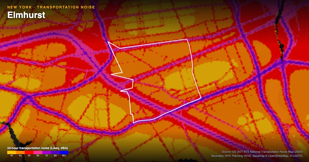 Transportation-noise map of Elmhurst, New York: the neighborhood outlined in white over modeled road, rail and aircraft noise, colored from amber (about 45 dBA) through red and purple to blue (90 dBA and up).