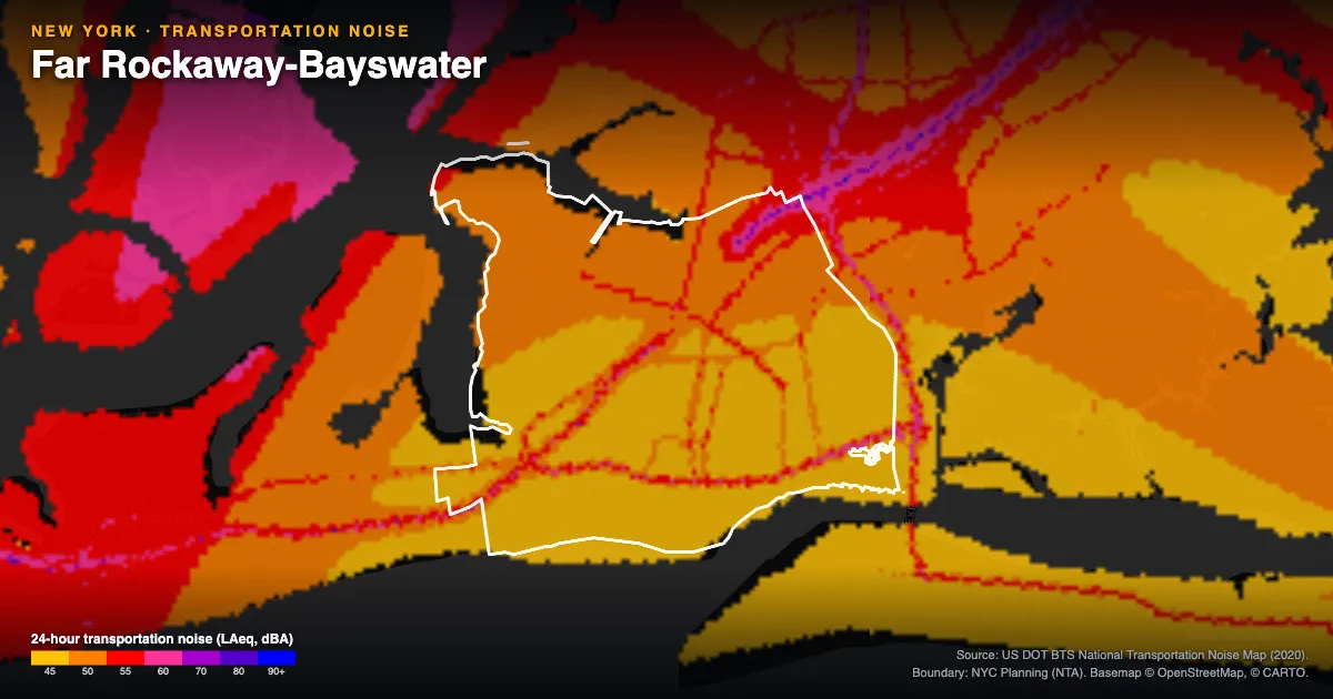Transportation-noise map of Far Rockaway-Bayswater, New York: the neighborhood outlined in white over modeled road, rail and aircraft noise, colored from amber (about 45 dBA) through red and purple to blue (90 dBA and up).