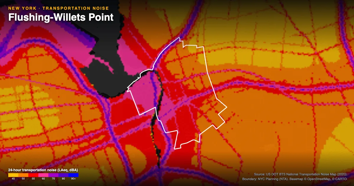 Transportation-noise map of Flushing-Willets Point, New York: the neighborhood outlined in white over modeled road, rail and aircraft noise, colored from amber (about 45 dBA) through red and purple to blue (90 dBA and up).