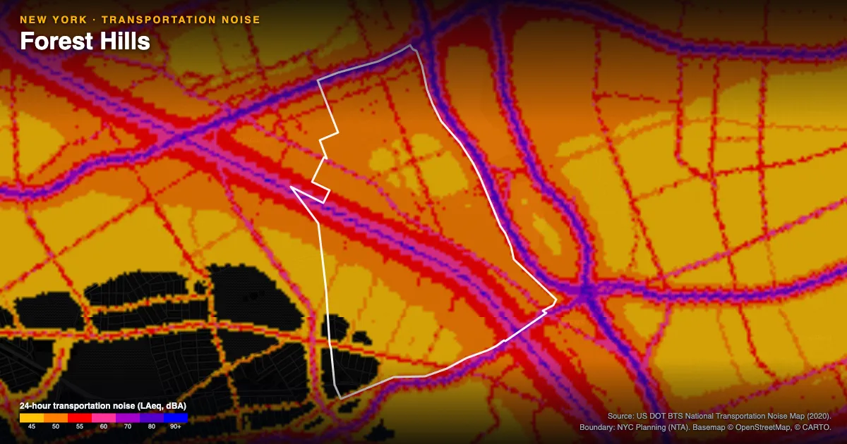 Transportation-noise map of Forest Hills, New York: the neighborhood outlined in white over modeled road, rail and aircraft noise, colored from amber (about 45 dBA) through red and purple to blue (90 dBA and up).