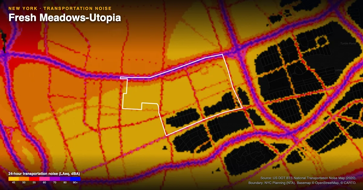 Transportation-noise map of Fresh Meadows-Utopia, New York: the neighborhood outlined in white over modeled road, rail and aircraft noise, colored from amber (about 45 dBA) through red and purple to blue (90 dBA and up).