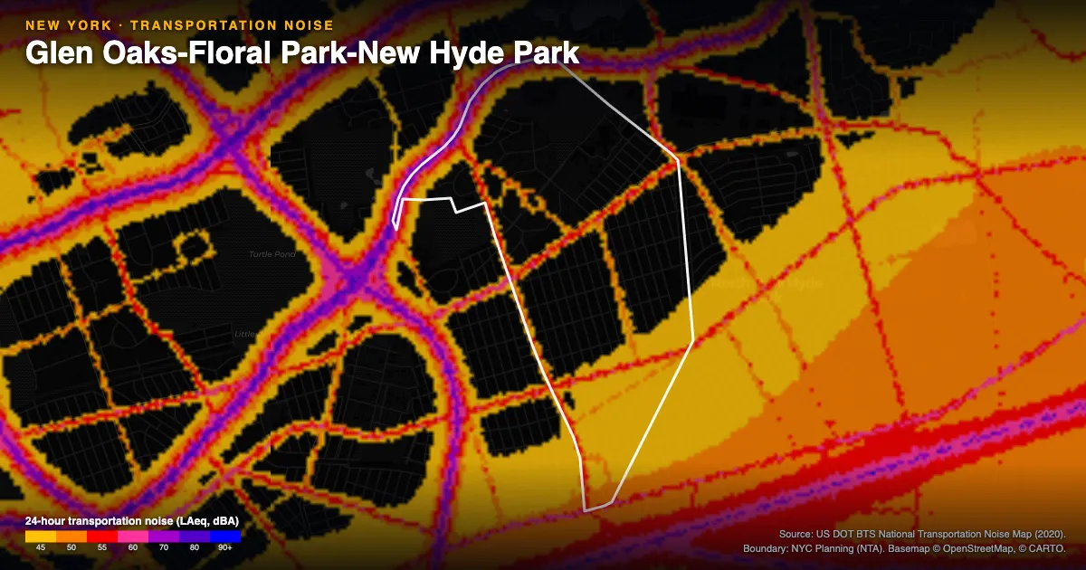 Transportation-noise map of Glen Oaks-Floral Park-New Hyde Park, New York: the neighborhood outlined in white over modeled road, rail and aircraft noise, colored from amber (about 45 dBA) through red and purple to blue (90 dBA and up).