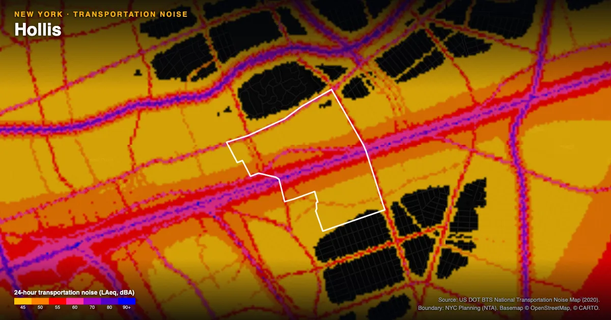 Transportation-noise map of Hollis, New York: the neighborhood outlined in white over modeled road, rail and aircraft noise, colored from amber (about 45 dBA) through red and purple to blue (90 dBA and up).