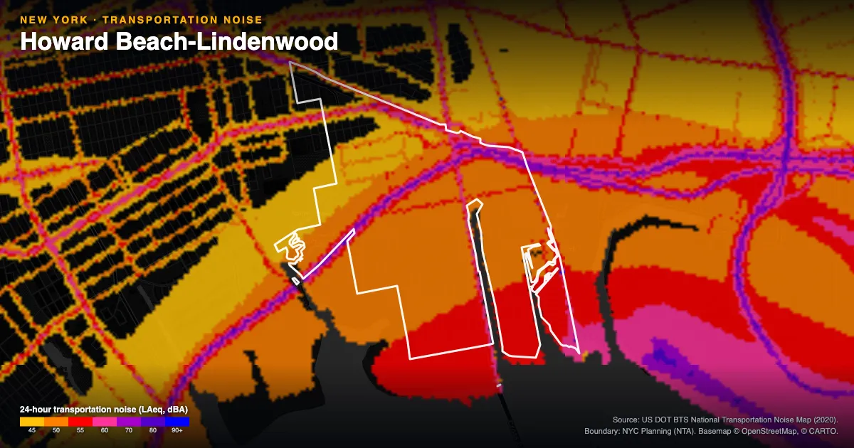 Transportation-noise map of Howard Beach-Lindenwood, New York: the neighborhood outlined in white over modeled road, rail and aircraft noise, colored from amber (about 45 dBA) through red and purple to blue (90 dBA and up).
