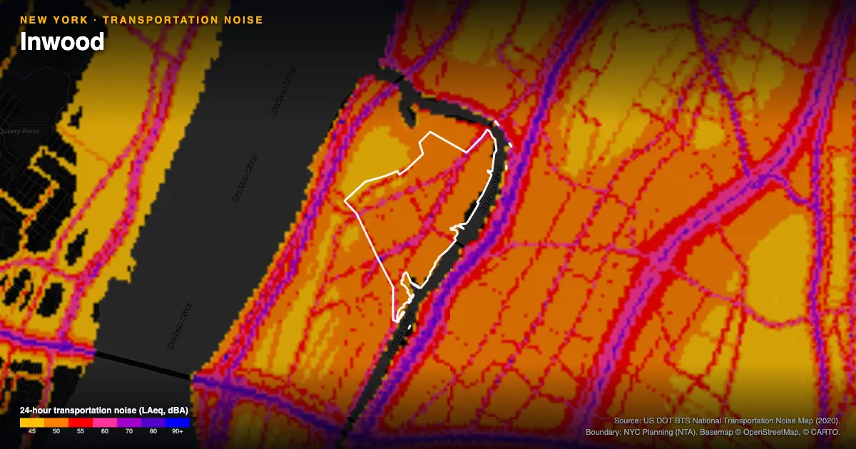 Transportation-noise map of Inwood, New York: the neighborhood outlined in white over modeled road, rail and aircraft noise, colored from amber (about 45 dBA) through red and purple to blue (90 dBA and up).